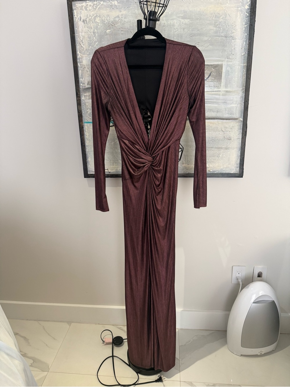 Long Sleeve Twist Front Maxi Dress in Metallic Burgundy